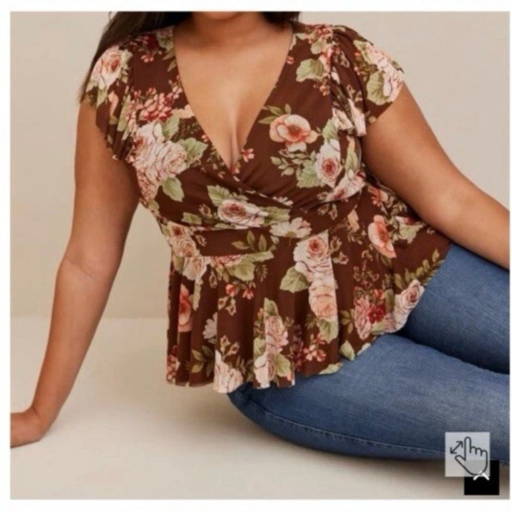 Torrid Brown Floral V-Neck Peplum Blouse Size 3/3X US